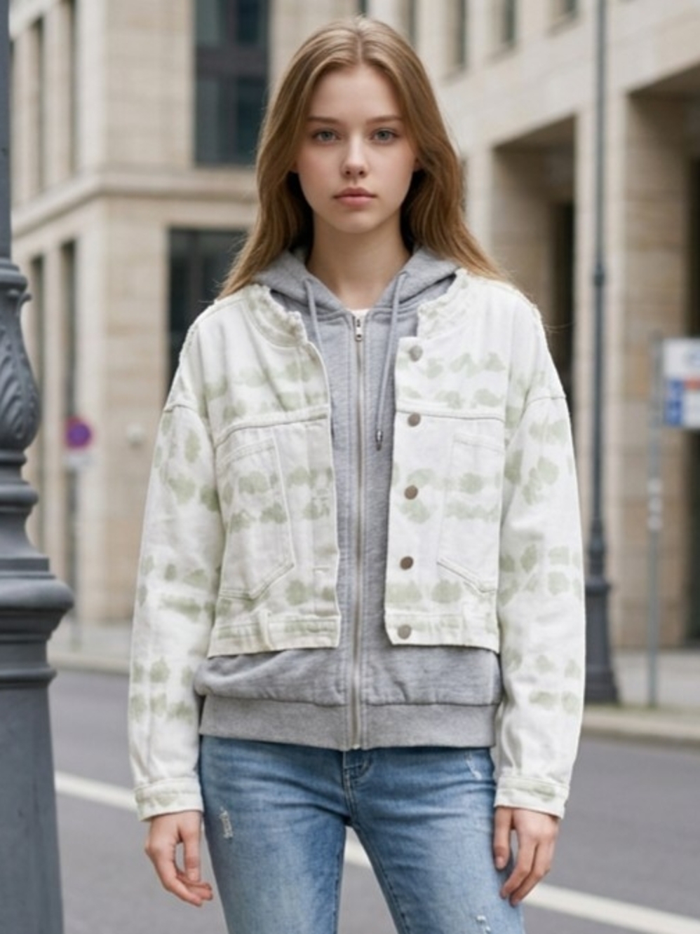Fate Mixed Media Jacket Layered Tie-Dye Denim Jacket & Gray Hooded Sweatshirt M